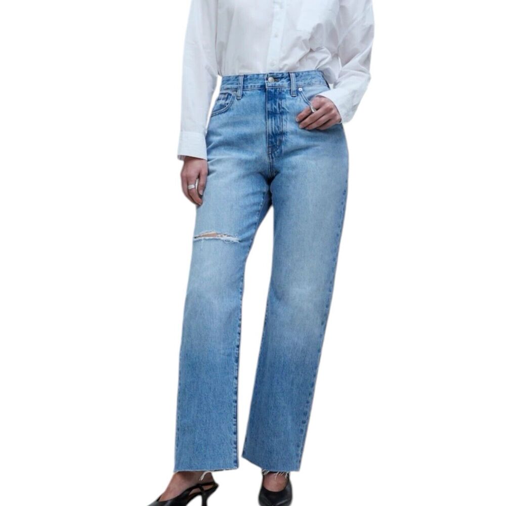 NWD Madewell Petite Curvy 90s Straight Leg Jeans Blue Revoir Wash Ripped Size 23 - Picture 1 of 15